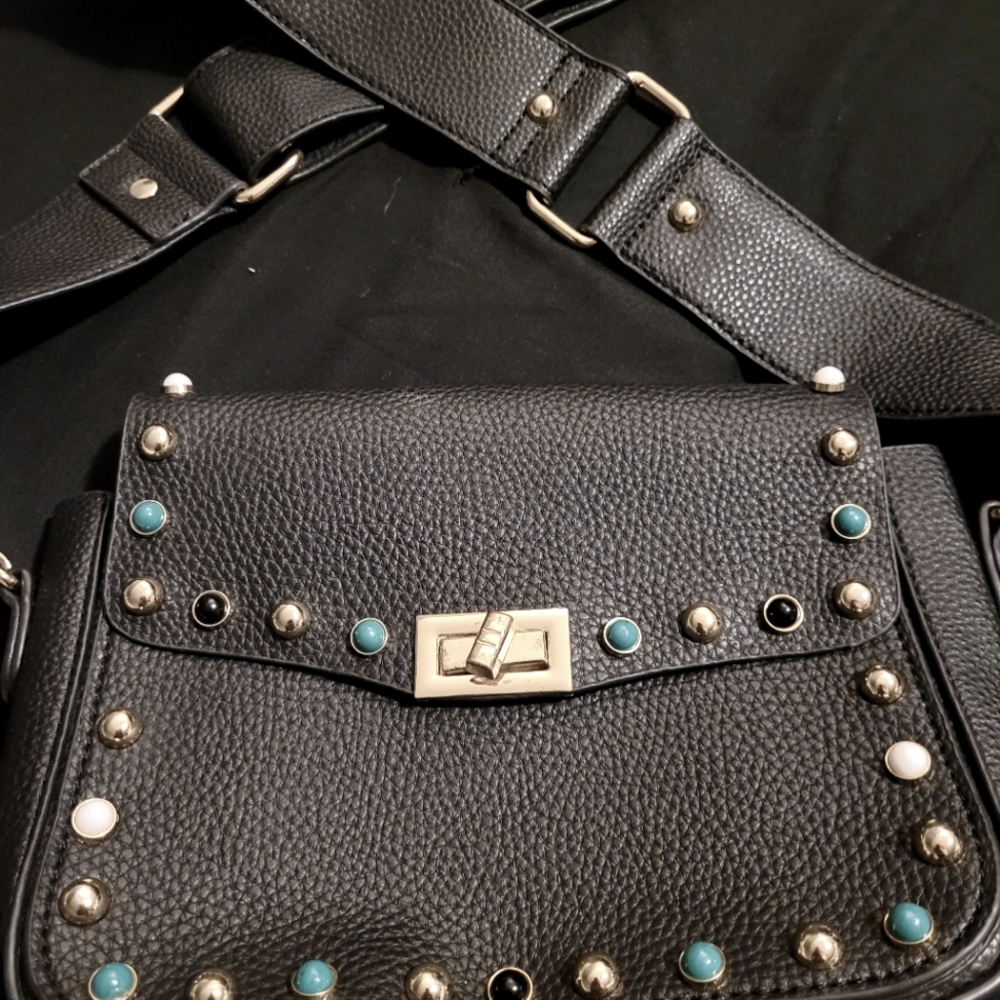 Noir Luxe Studded Faux Leather Crossbody Bag Wide Straps for Comfort